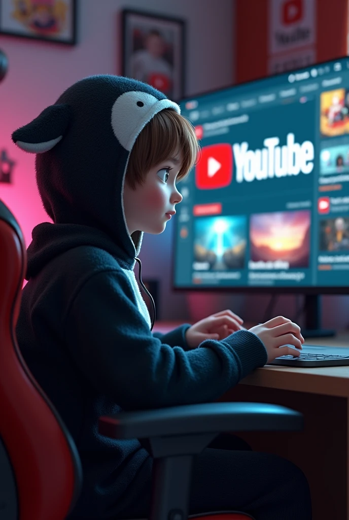 human boy in black penguin pajamas and with a screen with the YouTube logo and in a gamer room sitting on a chair and with a penguin hood brown hair facing forward and looking at us sitting on a gamer chairat us