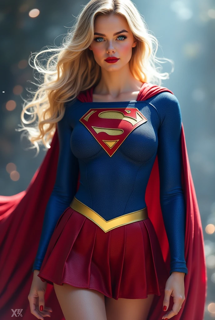 A SEXY AND BUSTY 17 YEAR OLD YOUNG TEEN GIRL WITH BLONDE HAIR DONE UP NICLEY, AND DAZLING BLUE SAPHIRE EYES, WEARING A SPANDEX 1984 BLUE SUPERGIRL COSTUME COMEPLETE WITH A LONG READ PLEATED SKIRT WITH A YELLOW SUPERGIRL BELT, A PAIR OF RED HEELED BOOTS WITH YELLOW TRIM, AND A LONG FLOWING RED CAPE WITH THE GOLD "S" EMBLEM. RED LIPSTICK, RED FINGERNAILS. INCREDIBLY DETAILED GLOWING SKIN, INCREDIBLEY DETAILED FACE, INCREDIDBLEY DETAILED CLOTHING, TEXTURED SKIN PORES, TEXTURED HAIR, 8K ABSURD RESOLUTION, MASTERPIECE. PHOTO REALSITIC, HYPER REALISTIC. MYSTICAL BACKGROUND. 16K RESOLUTION. PREFESSIONAL GRADE IMAGE.