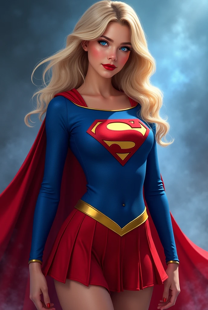A SEXY AND BUSTY 17 YEAR OLD YOUNG GIRL WITH BLONDE HAIR DONE UP NICLEY, AND DAZLING BLUE SAPHIRE EYES, WEARING A SPANDEX 1984 BLUE SUPERGIRL COSTUME COMEPLETE WITH A LONG READ PLEATED SKIRT WITH A YELLOW SUPERGIRL BELT, A PAIR OF RED HEELED BOOTS WITH YELLOW TRIM, AND A LONG FLOWING RED CAPE WITH THE GOLD "S" EMBLEM. RED LIPSTICK, RED FINGERNAILS. INCREDIBLY DETAILED GLOWING SKIN, INCREDIBLEY DETAILED FACE, INCREDIDBLEY DETAILED CLOTHING, TEXTURED SKIN PORES, TEXTURED HAIR, 8K ABSURD RESOLUTION, MASTERPIECE. PHOTO REALSITIC, HYPER REALISTIC. MYSTICAL BACKGROUND. 16K RESOLUTION. PREFESSIONAL GRADE IMAGE.