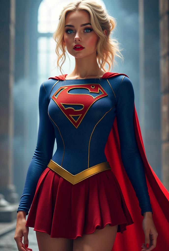 A SEXY AND BUSTY 17 YEAR OLD YOUNG TEEN GIRL WITH BLONDE HAIR DONE UP NICLEY, AND DAZLING BLUE SAPHIRE EYES, WEARING A SPANDEX 1984 BLUE SUPERGIRL COSTUME COMEPLETE WITH A LONG READ PLEATED SKIRT WITH A YELLOW SUPERGIRL BELT, A PAIR OF RED HEELED BOOTS WITH YELLOW TRIM, AND A LONG FLOWING RED CAPE WITH THE GOLD "S" EMBLEM. RED LIPSTICK, RED FINGERNAILS. INCREDIBLY DETAILED GLOWING SKIN, INCREDIBLEY DETAILED FACE, INCREDIDBLEY DETAILED CLOTHING, TEXTURED SKIN PORES, TEXTURED HAIR, 8K ABSURD RESOLUTION, MASTERPIECE. PHOTO REALSITIC, HYPER REALISTIC. MYSTICAL BACKGROUND. 16K RESOLUTION. PREFESSIONAL GRADE IMAGE.