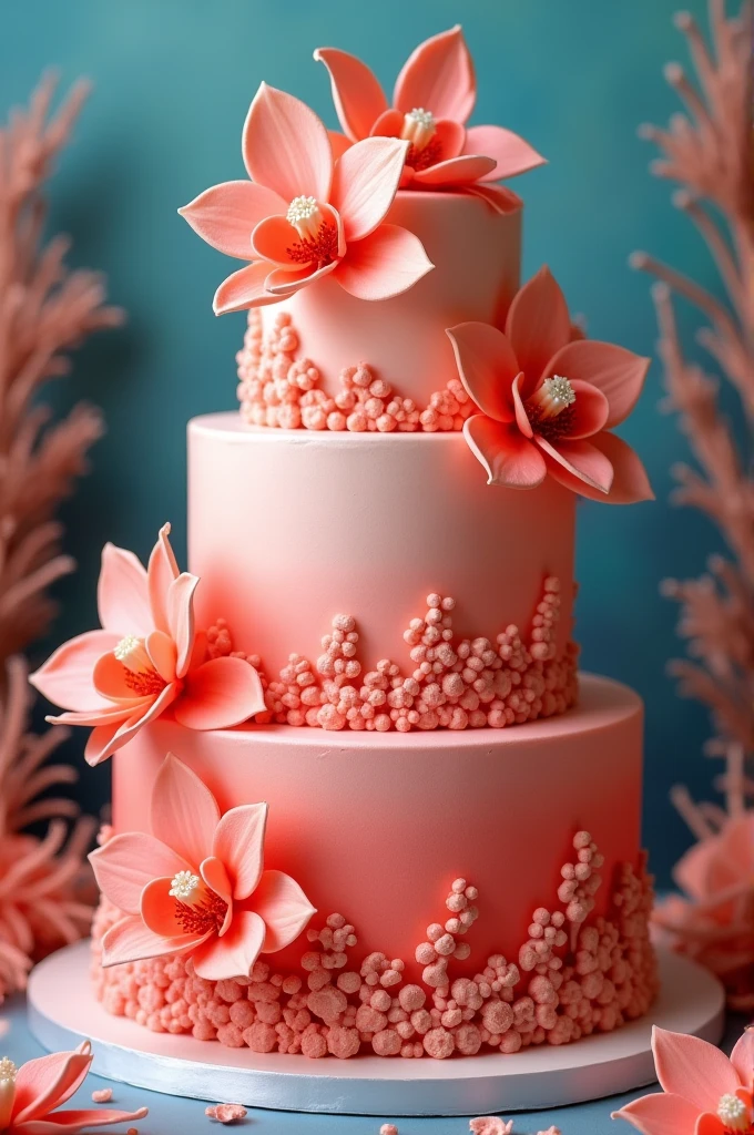 Make me a coral cake, fondant with satin orchids also coral color around 