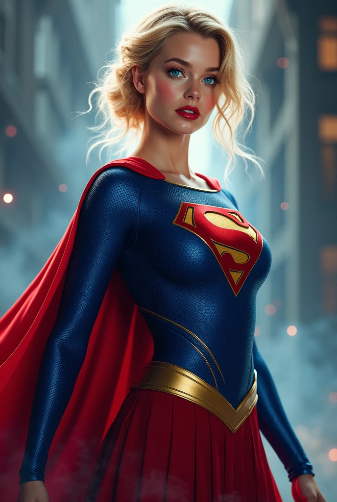 A SEXY AND BUSTY 17 YEAR OLD YOUNG TEEN GIRL WITH BLONDE HAIR DONE UP NICLEY, AND DAZLING BLUE SAPHIRE EYES, WEARING A SPANDEX 1984 BLUE SUPERGIRL COSTUME COMEPLETE WITH A LONG READ PLEATED SKIRT WITH A YELLOW SUPERGIRL BELT, A PAIR OF RED HEELED BOOTS WITH YELLOW TRIM, AND A LONG FLOWING RED CAPE WITH THE GOLD "S" EMBLEM. RED LIPSTICK, RED FINGERNAILS. INCREDIBLY DETAILED GLOWING SKIN, INCREDIBLEY DETAILED FACE, INCREDIDBLEY DETAILED CLOTHING, TEXTURED SKIN PORES, TEXTURED HAIR, 8K ABSURD RESOLUTION, MASTERPIECE. PHOTO REALSITIC, HYPER REALISTIC. MYSTICAL BACKGROUND. 16K RESOLUTION. PREFESSIONAL GRADE IMAGE.