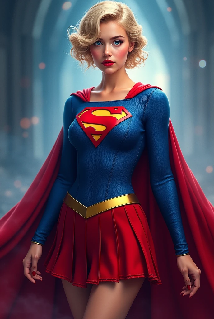A SEXY AND BUSTY 17 YEAR OLD YOUNG GIRL WITH BLONDE HAIR DONE UP NICLEY, AND DAZLING BLUE SAPHIRE EYES, WEARING A SPANDEX 1984 BLUE SUPERGIRL COSTUME COMEPLETE WITH A LONG READ PLEATED SKIRT WITH A YELLOW SUPERGIRL BELT, A PAIR OF RED HEELED BOOTS WITH YELLOW TRIM, AND A LONG FLOWING RED CAPE WITH THE GOLD "S" EMBLEM. RED LIPSTICK, RED FINGERNAILS. INCREDIBLY DETAILED GLOWING SKIN, INCREDIBLEY DETAILED FACE, INCREDIDBLEY DETAILED CLOTHING, TEXTURED SKIN PORES, TEXTURED HAIR, 8K ABSURD RESOLUTION, MASTERPIECE. PHOTO REALSITIC, HYPER REALISTIC. MYSTICAL BACKGROUND. 16K RESOLUTION. PREFESSIONAL GRADE IMAGE.
