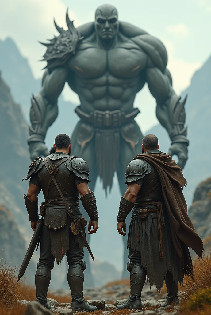 Two warriors standing in front of giant humanoid being, realistic , epic, medieval coloration