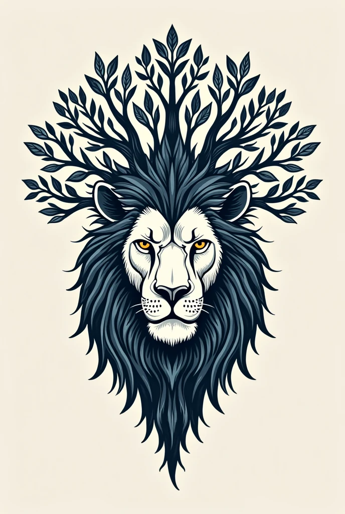 A vector of a lion's head becoming the life tree without colors