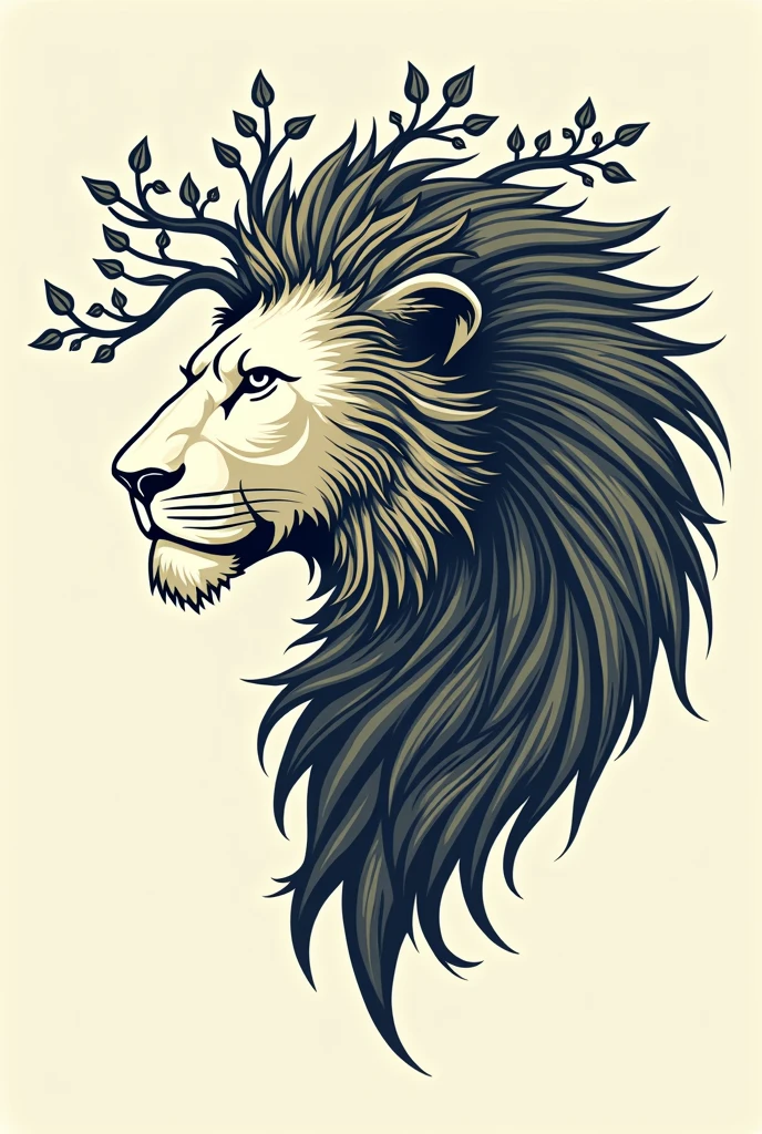A vector of a lion's head becoming the life tree without colors

