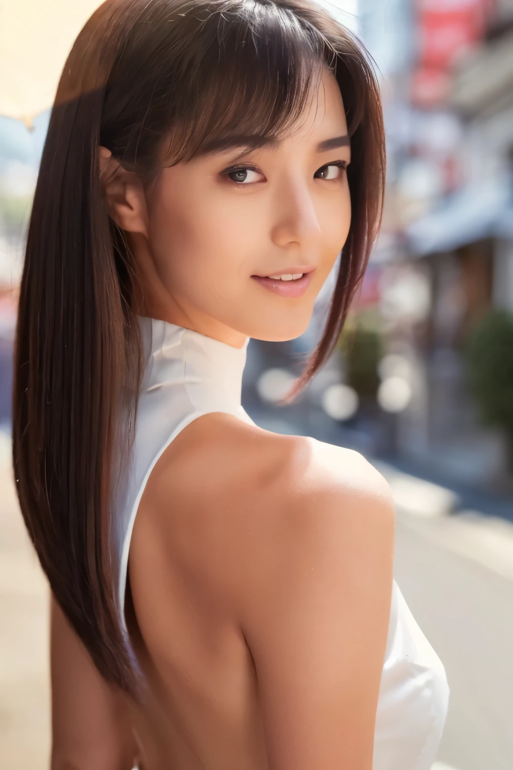 ((top-quality, in 8K, masterpiece:1.3)), Beautiful Japanese woman, perfect body:1.4, Slim abs:1.2, ((Straight hair:1.2)), (turtle neck:1.1), (a street:1.2), wetbody:1.5, Three-dimensional texture, A detailed eye, Brown hair, very thin waist, posterior view, looking back to the viewers