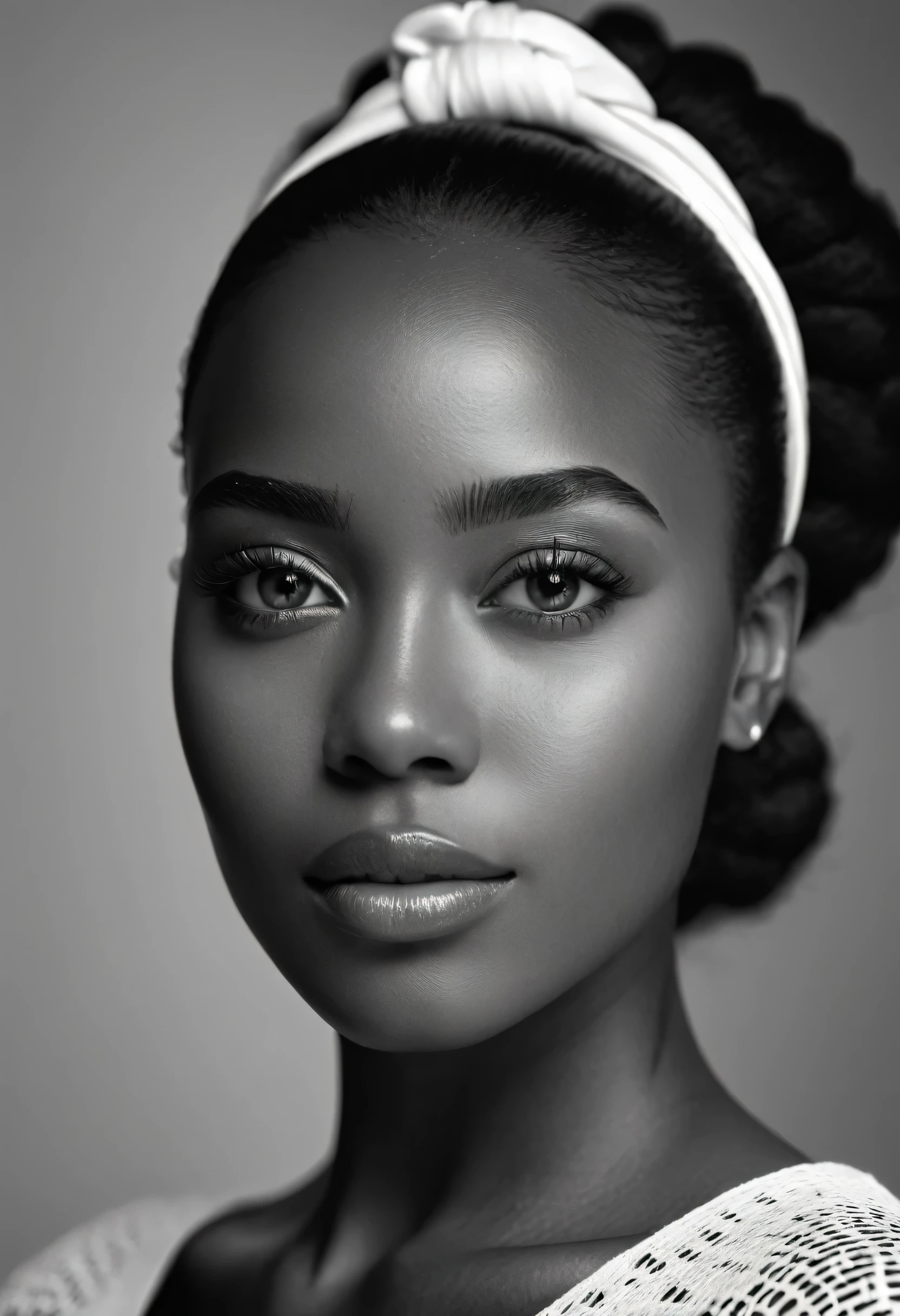 generates a professional 8k UHD photograph of the face of a 25-year-old girl, she is beautiful and African American, with depth of field, which shows the volume and 3D style in the photograph, it is black and white style, perfect lighting, a masterpiece , luxury shot, which looks real and artistic.