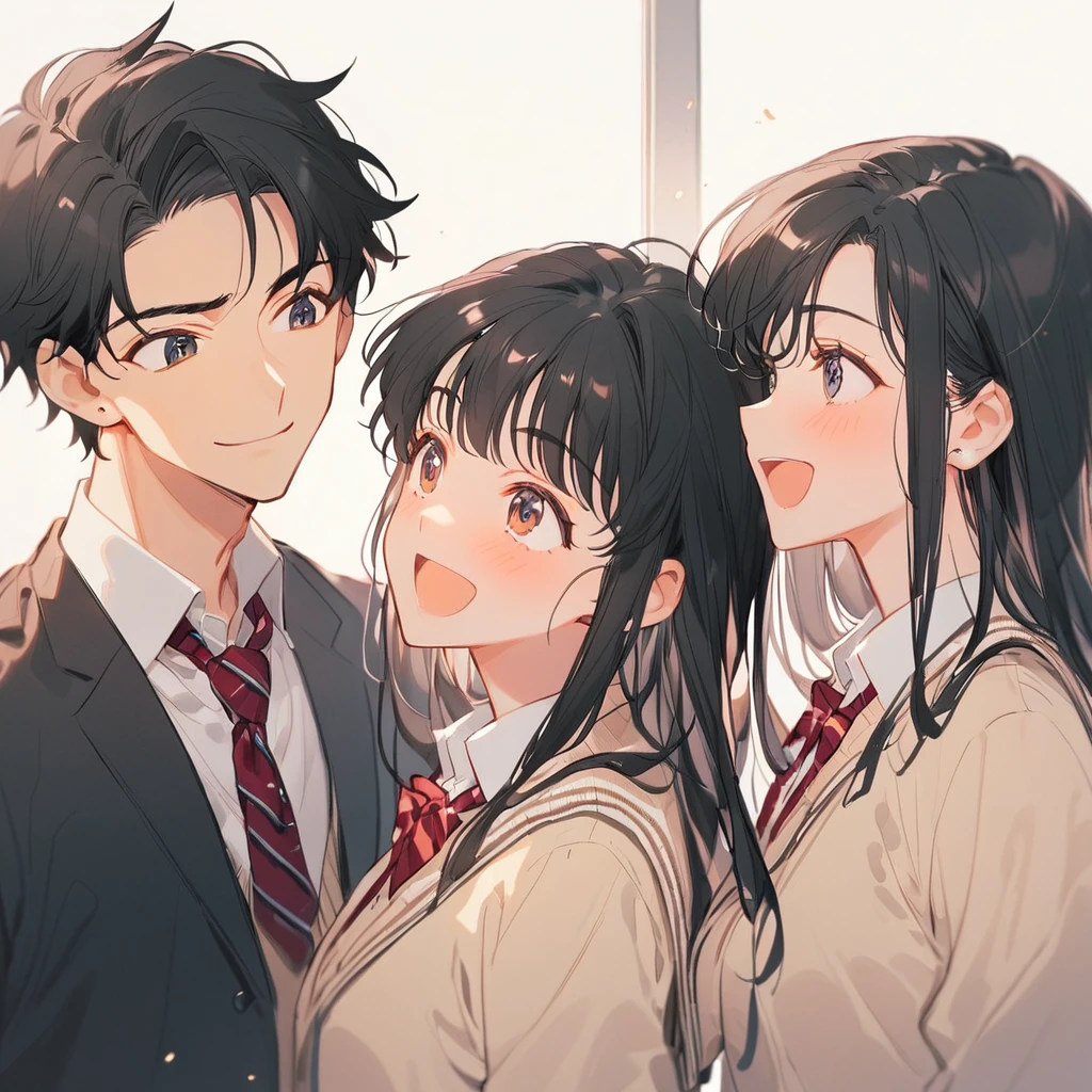 (Men and women), Black Hair, ((high school student, school uniform)), Look at each other, Laugh