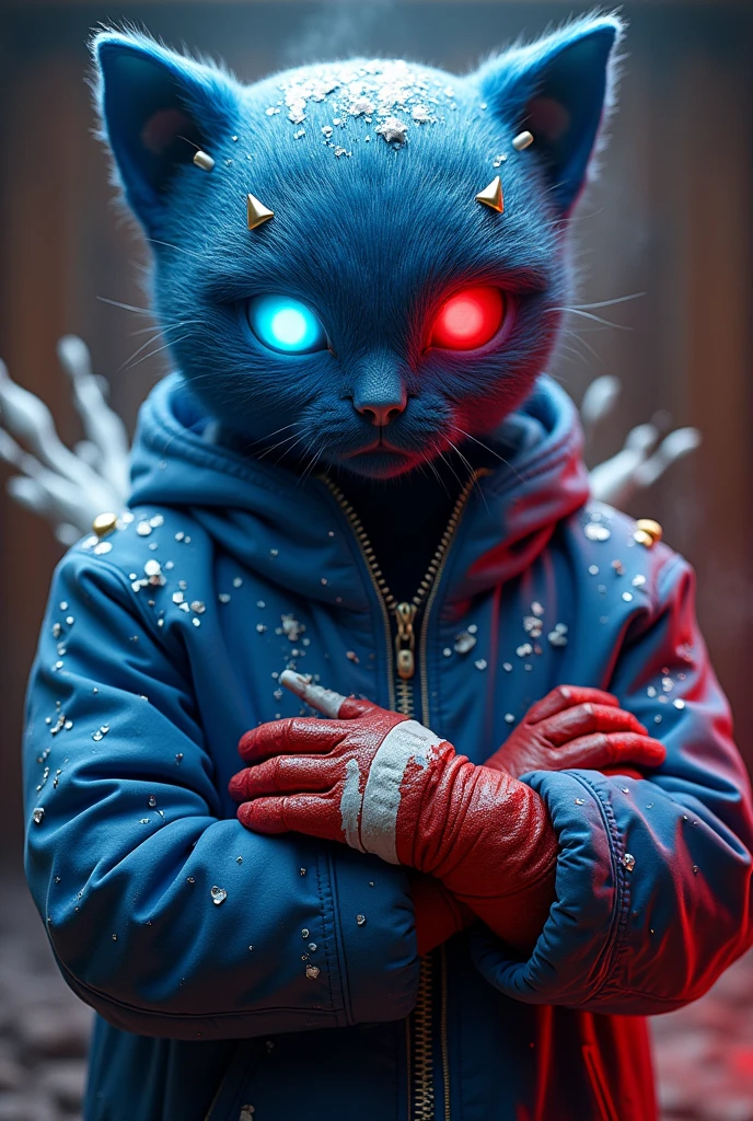 A court bomb with the colors blue and red, a white glue, a blue and red eye, blue and red gloves, blue and red clothes