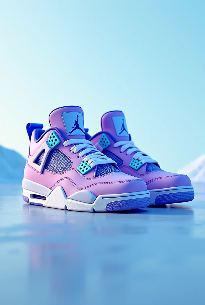 A close-up of a pair of blue and purple sneakers, "Air Jordan 4, Air Jordan 4 High, Uniform off , photo of sneakers, light purple skin, light blue, glacial, light blue, blue sky, focus only on sneakers, color blue, Hyper realistic&quot;, Hyper realistic &quot;, fan favorite, pastel blue, 🕹️ 😎 🔫 🤖 🚬