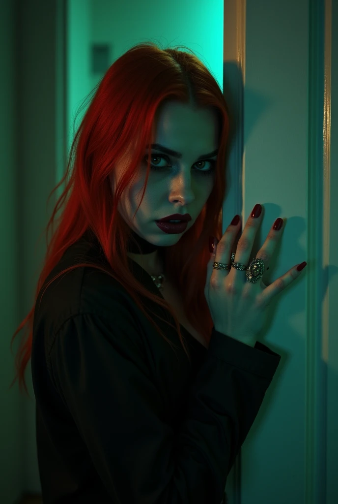 Billie Eilish redhead holding door closed scared and hot goth