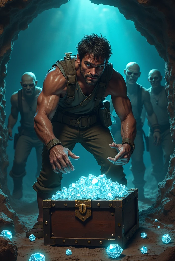 Steve finding diamonds in a chest and zombies in the background and he&#39;s in a mine
