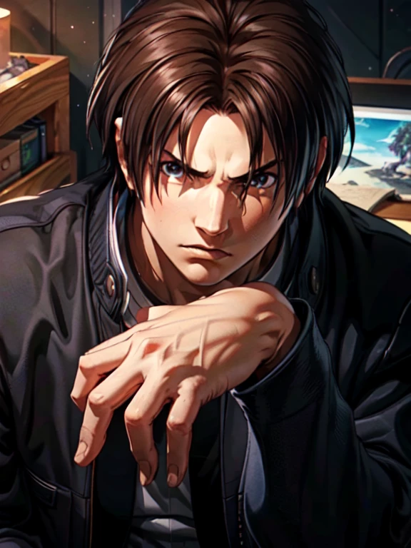 Masterpiece, highest quality, ultra realistic, intricate details, 8k, 4k, professional illustration of kyo kusanagi,, (perfect hands), serious look|expression