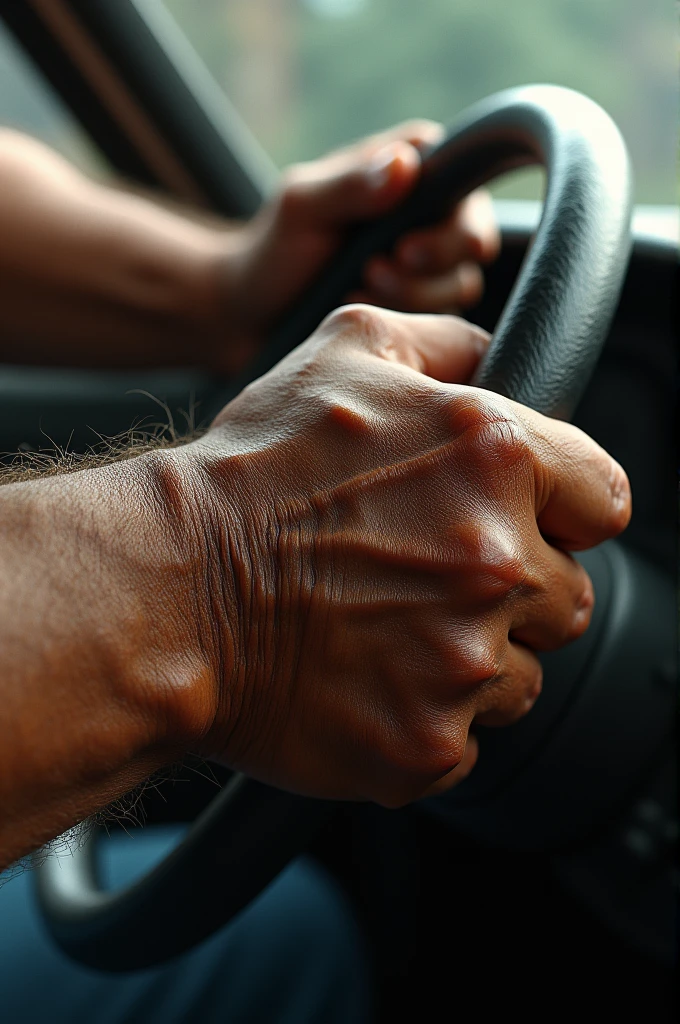 A muscular, veiny arm holding a steering wheel