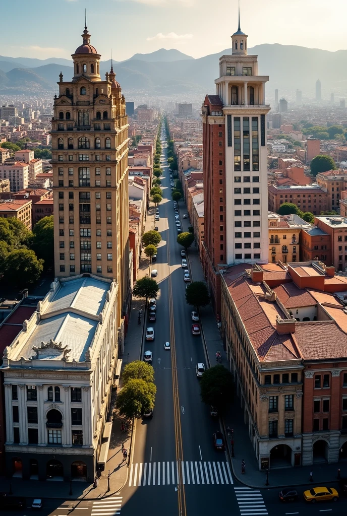 You have tall buildings about 52 meters high separated, with a different design each one of them on an avenue in the city of Arequipa. Have an aerial view