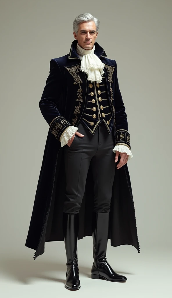 ((best quality,4k,highres,masterpiece:1.2)),((character concept art)), 1 male, 50-year-old French aristocrat, majestic and fearsome look, ((intricate detail)), super finely detailed hands, ultra finely detailed fingers(((ten fingers))), embodying an aura of power and elegance, tall, lean body, gray hair, wearing modern aristocratic attire - velvet doublet, ruffled collar shirt, hose, and riding boots. His gaze is commanding and intense, reflecting his high status and formidable character, (standing majestically), ((full body showcase)), ((show full body)), (no logos on background), (no logo), ((plain background)), ((plain background)), (((empty background))).