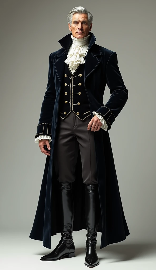 ((best quality,4k,highres,masterpiece:1.2)),((character concept art)), 1 male, 50-year-old French aristocrat, majestic and fearsome look, ((intricate detail)), super finely detailed hands, ultra finely detailed fingers(((ten fingers))), embodying an aura of power and elegance, tall, lean body, gray hair, wearing modern aristocratic attire - velvet doublet, ruffled collar shirt, hose, and riding boots. His gaze is commanding and intense, reflecting his high status and formidable character, (standing majestically), ((full body showcase)), ((show full body)), (no logos on background), (no logo), ((plain background)), ((plain background)), (((empty background))).