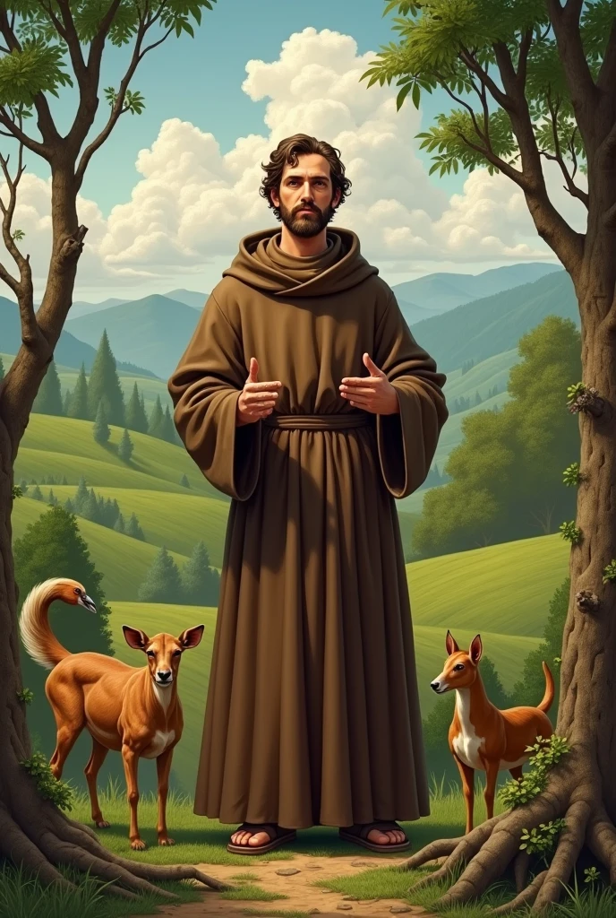 "Create an image of Saint Francis of Assisi in a natural setting, surrounded by animals. He should be wearing his traditional brown Franciscan habit, with a serene and welcoming expression. In the background, include a landscape of green fields and trees, with some birds and animals around him, reflecting his connection with nature and simplicity."