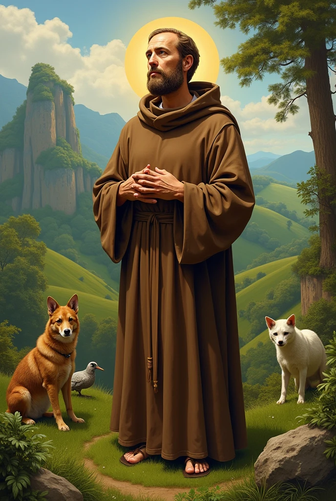"Create an image of Saint Francis of Assisi in a natural setting, surrounded by animals. He should be wearing his traditional brown Franciscan habit, with a serene and welcoming expression. In the background, include a landscape of green fields and trees, with some birds and animals around him, reflecting his connection with nature and simplicity."