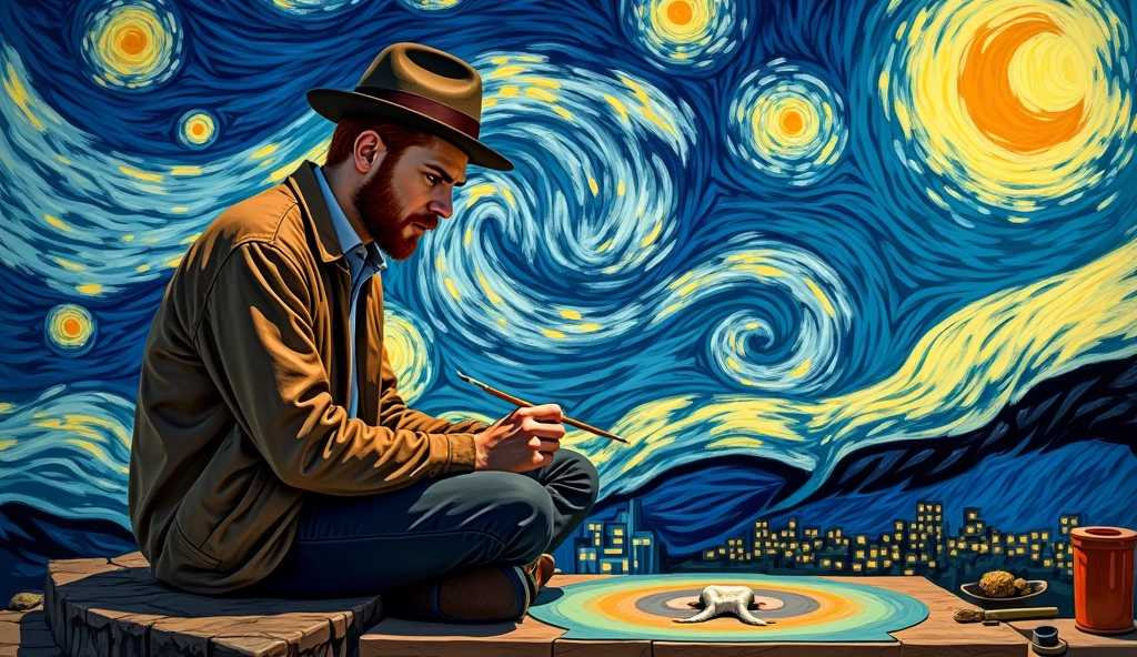 the painter van gogh with red hair, sitting down, making a painting of a tooth under the canvas in format 16:9 with starry night background
