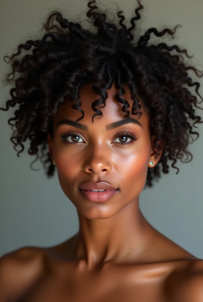 Chubby Brazilian woman with dark brown skin, 2, curly frizzy hair with chemical cut,