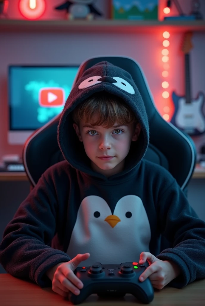 human boy in black penguin pajamas and with a screen with the YouTube logo and in a gamer room sitting on a chair and with a penguin hoodie brown hair facing forward and looking at us sitting on a gamer chair looking at us from the front