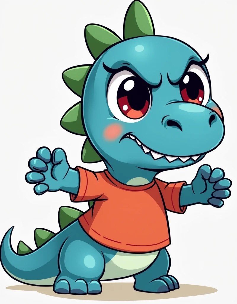 An illustration for children of a dinosaur, with the appearance of an , Very angry face, Very angry, no eyelashes, with red shirt, trouserless, blue skin, green dinosaur crests on the head and tail, full body, Hands clenched in a sign of rage, with an appearance of tenderness, White background
