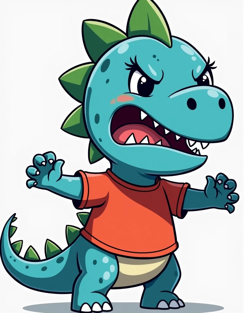 An illustration for children of a dinosaur, with the appearance of an , Very angry face, Very angry, no eyelashes, with red shirt, trouserless, blue skin, green dinosaur crests on the head and tail, full body, Hands clenched in a sign of rage, with an appearance of tenderness, White background
