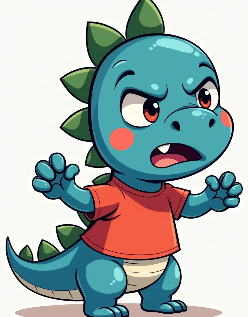 An illustration for children of a dinosaur, with the appearance of an , Very angry face, Very angry, no eyelashes, with red shirt, trouserless, blue skin, green dinosaur crests on the head and tail, full body, Hands clenched in a sign of rage, with an appearance of tenderness, White background