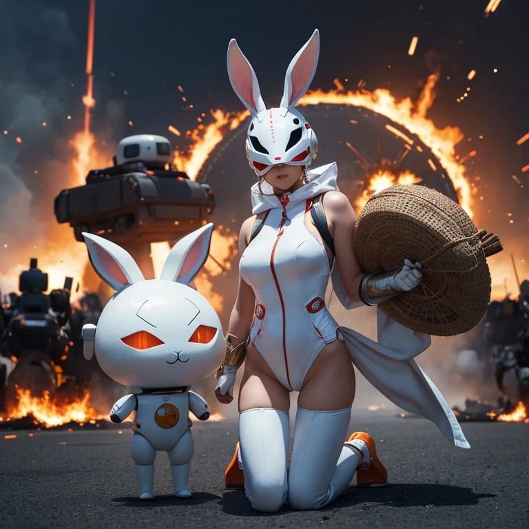A woman wearing a rabbit mask is throwing carrots。White bodysuit。slim。background、explosion、Silhouette of a burning city and a giant robotic raccoon figurine、Countless rabbits。Powerful action。Super Heroine。cute。sexy。Highest quality。