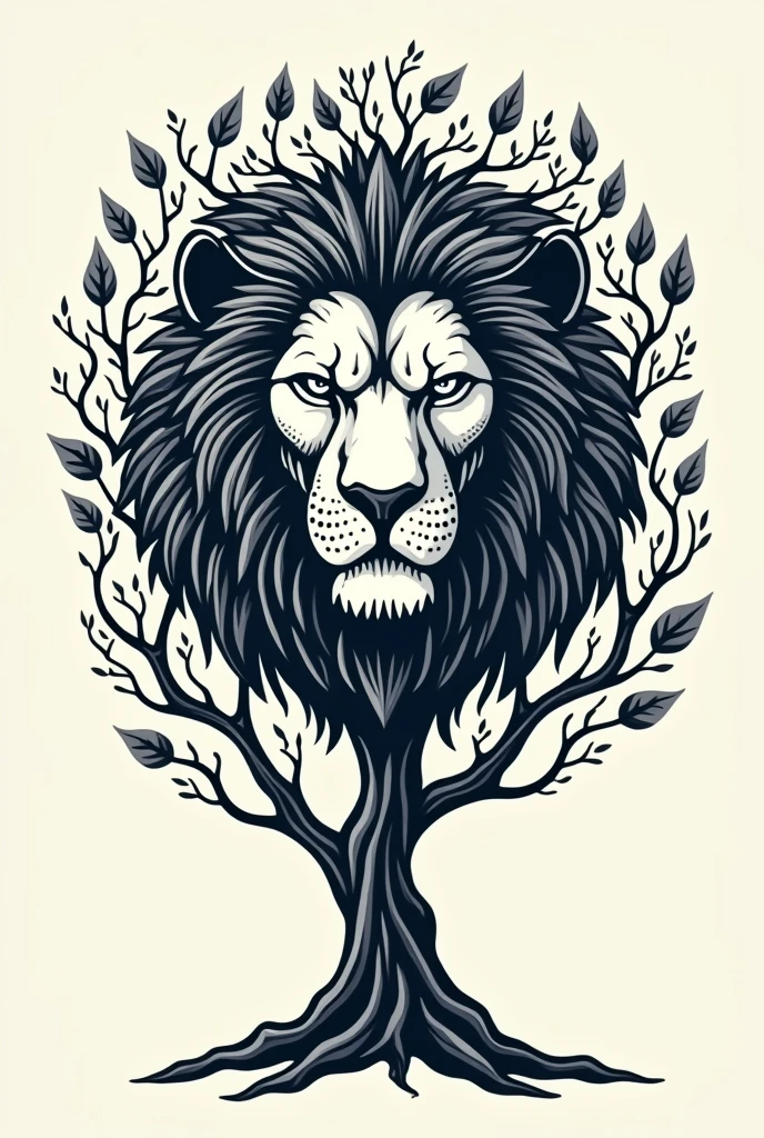 A vector of a lion's head becoming the life tree without colors