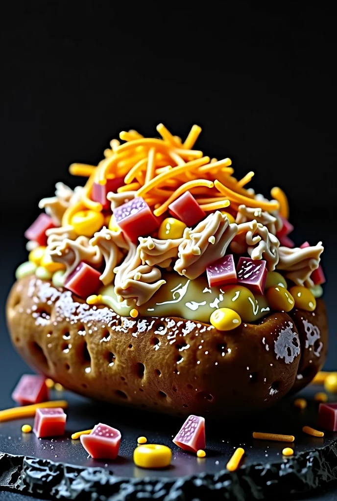 A high-quality, professional image on a black background featuring a halved baked big potato stuffed with shredded chicken, sweetcorn, diced ham and cream cheese on the edges. The potato is finished with a golden, buttery layer of crispy straw potatoes running the length of the potato. The lighting is perfect to highlight the succulence of the dish, creating a 'food porn' effect that triggers a strong desire to taste and creates something in the mouth."