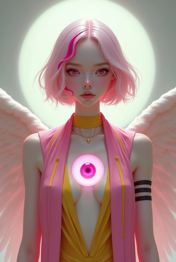 Create a full-body image of an angelic woman with white skin and very short, light pink hair with a dark pink streak. She has a large, hollow area in her chest with a floating pink eye inside. She wears a pink cape with yellow stripes, a sleeveless shirt, and a yellow choker. Her arms are decorated with striped tattoos, and she has a pair of wings