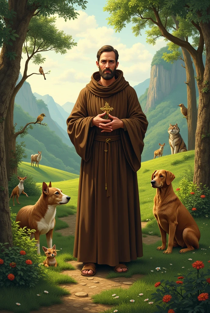 "Create an image of Saint Francis of Assisi in a natural setting, surrounded by animals. He should be wearing his traditional brown Franciscan habit, with a serene and welcoming expression. In the background, include a landscape of green fields and trees, with some birds and animals around him, reflecting his connection with nature and simplicity."
