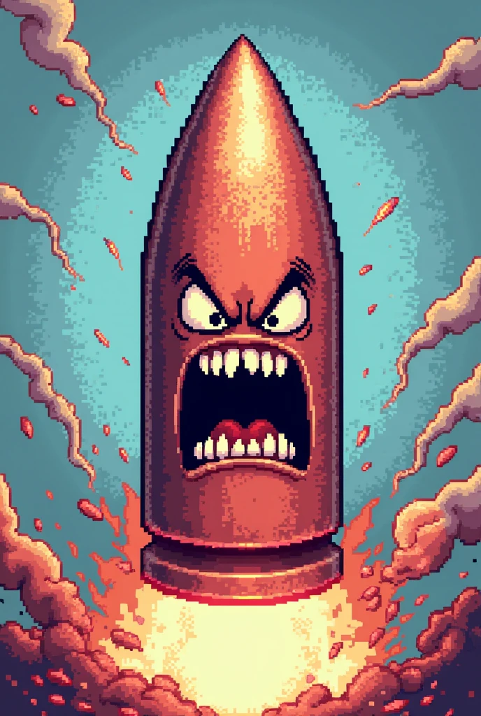 Make me a picture of a 32-bit bullet literally screaming ENTER THE STREAM with a transparent background, The bullet must be pixel art style with a face expressing a LOT of anger