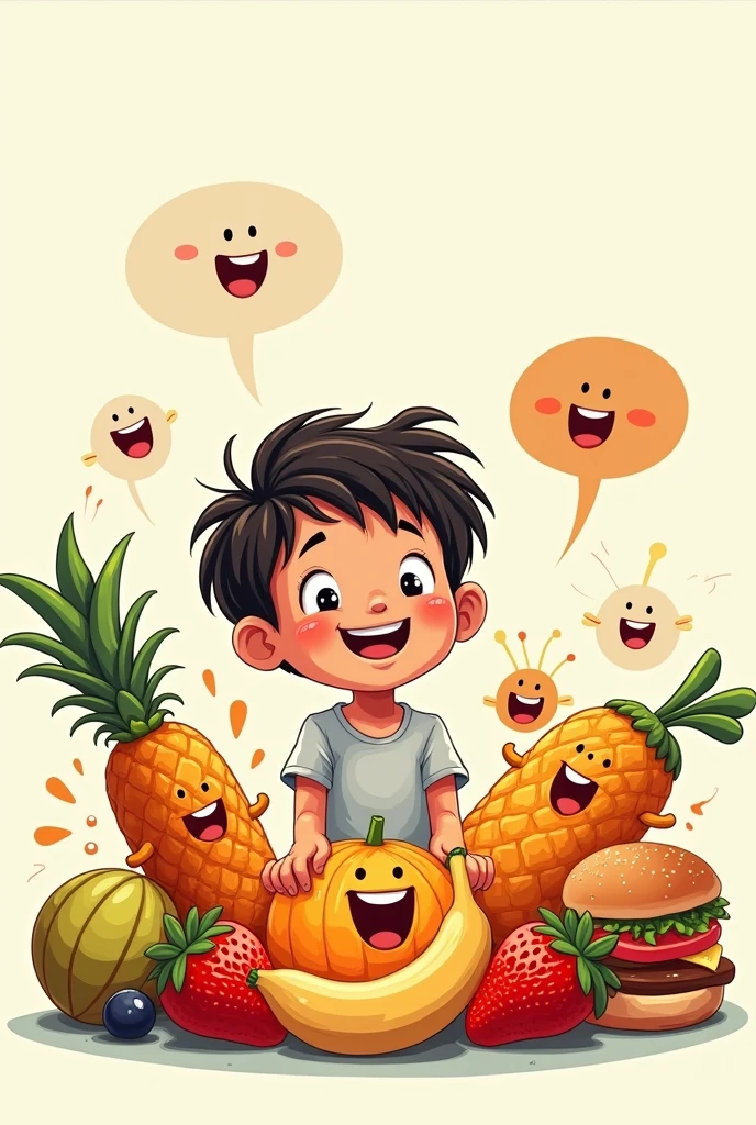 Cartoon drawing of a boy surrounded by various foods with different expressions (happy, surprised, etc.