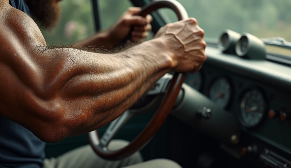 A muscular, veiny arm holding a steering wheel