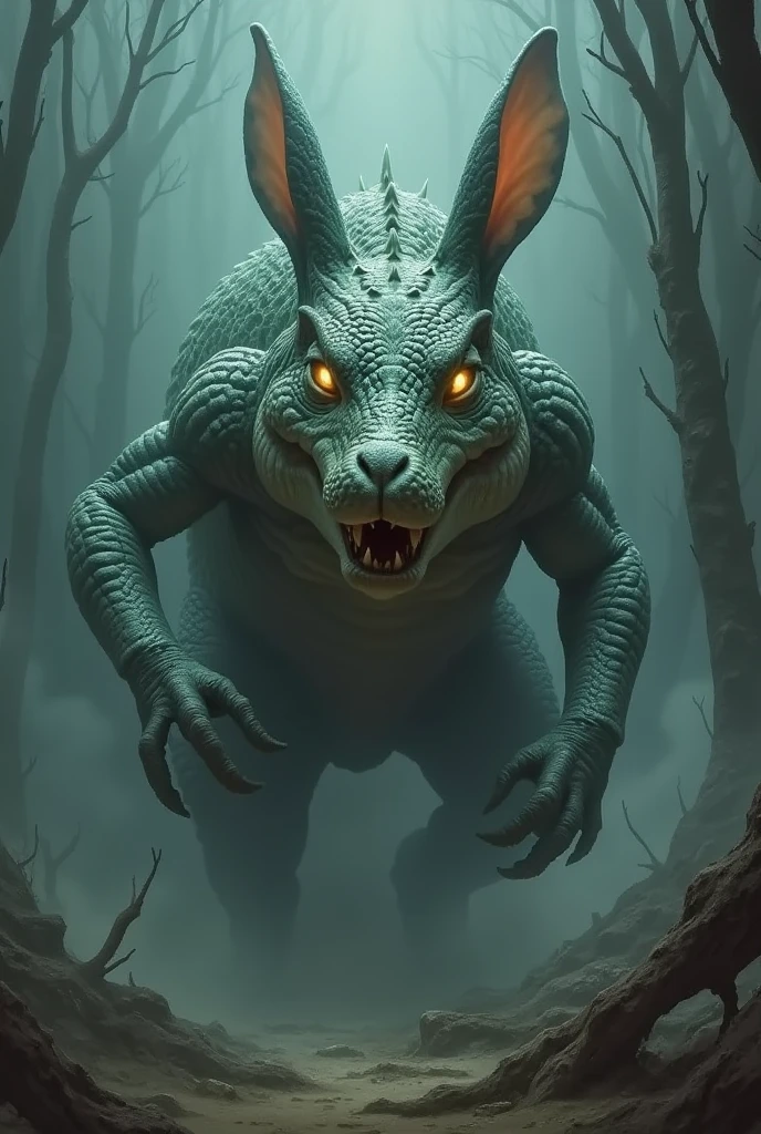 "Design a crocodile and rabbit fusion with glowing eyes and intertwined scales and fur, exuding raw, terrifying power."