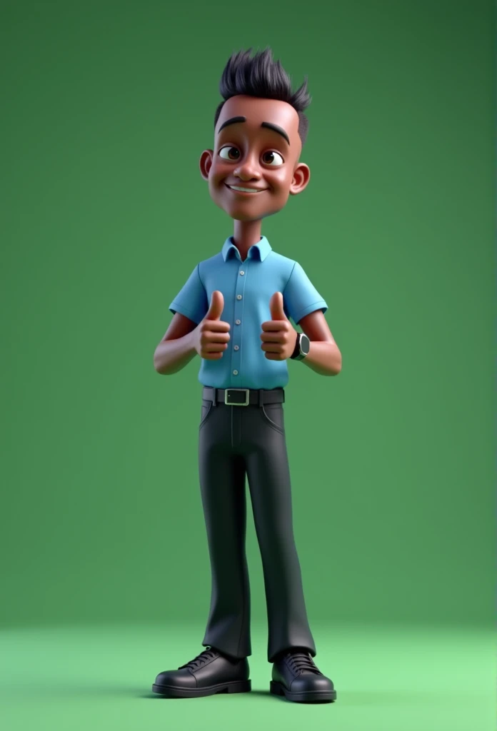 Cartoon character of a slender 60-year-old man, full body, defined contours, dark skin, black hair, machine-cut, no quiff, blue shirt, black pants black shoes, an animated character, stylized character, animation style rendering, 3d stylized, Arnold Maya rendering, Stylized 3D rendering, toon render screenshot, 3d character, 3d character, Stylized 3D rendering, 3D character rendering, cartoon character, character posing, (Pixar-style) (master part:1.2) (bokeh) (best qualityer) (skin detailed) (detailed texture) (8k) (Argilla) (cinematic lighting) (sharp focus,standing full body making a thumbs up sign with both hands green background without shadow chroma kay type