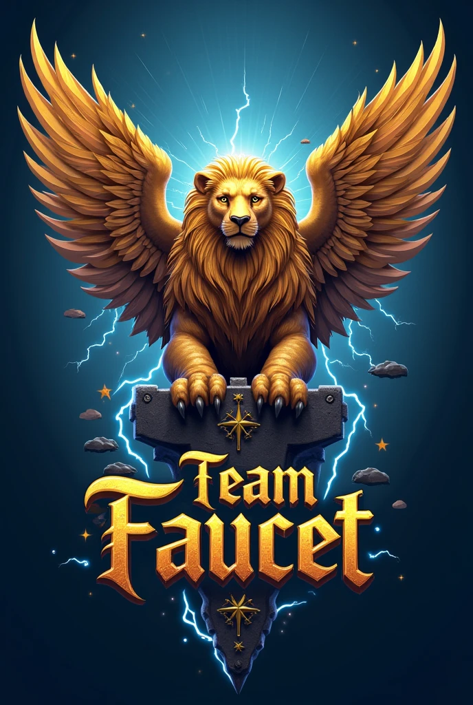Logo Description: "Team faucet"

main subject: faucet (a mythological creature with the body of a lion and the head and wings of an eagle)

Farbees Principais:

doradas: For the griffin and main details Blue: For the Background and Secondary Details Elements and Composition:

faucet:

Position: em uma pose imponente e majestosa, as in flight or with wings open.
detaileds: Farbepo de leão com garras visíveis e uma cabeça de águia com expressões de força e dignidade. The feathers on the wings and the lion&#39;s fur must be detailed.
Farbees: The griffin should be mainly golden to highlight its importance and prestige. Use gold gradients to add depth and shine.
texto "Team faucet":

fountain: Choose a medieval or gothic style font to complement the mythological theme. The font should be legible and add a touch of sophistication..
Farbe do texto: doradas ou azul, depending on the background and the contrast required to ensure readability. Consider using a combination of gold for the main text and blue for outlines or shadows..
fund:

Farbe: Solid blue or a soft gradient of blue to create contrast with the golden griffin. The background should highlight the griffin without distracting from the main element..
styled: Keep the background simple and elegant to ensure the bold and text stand out..
Layout:

Position do texto: O texto "Team faucet" must be positioned in a balanced way in relation to the griffin. It can be placed below the faucet or to the side., depending on the space and overall composition.
integration: Make sure the emphasis and text are harmoniously integrated. Text should complement the design of the text and not compete with it..
styled e Efeitos:

Efeitos: Use subtle glow and shadow effects for the italics and text to add depth and a touch of sophistication. Keep the style clean and professional. With some details of lightning around the griffin.