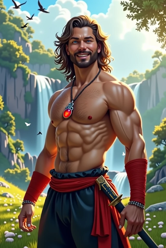 
Realistic Digital Art Style -- Strong Man -- Young Adult 2 -- No Shirt -- Aura of Strength, charisma and confidence -- beautiful smile, smiling, smiling -- Pretty Face -- Light Blue Eyes -- Long Wavy Brown Hair, your hair reaches the nape of your neck -- barba curta -- Calça Samurai preta -- Faixa Vermelha amarrado na cintura -- Bandagens Vermelhas nos punhos -- Pose de herói e superioridade -- Katana na cintura -- Colar de prata, red stone pendant, Background scenery is a beautiful plain with sun, Trees, waterfall and the blue sky, extremely detaild, soft ambient lighting, 4K, perfects eyes, a perfect face, perfect lighting, the 1 girl)), context: The man is confident and smiling happily, light blue eye, he is a 28 year old young adult, your hair reaches the nape of your neck, strong and determined, is alone in this environment, He is smiling. detaileds: The sun is shining brightly, waves are gently lapping in the background, and birds are flying in the clear blue sky. ))