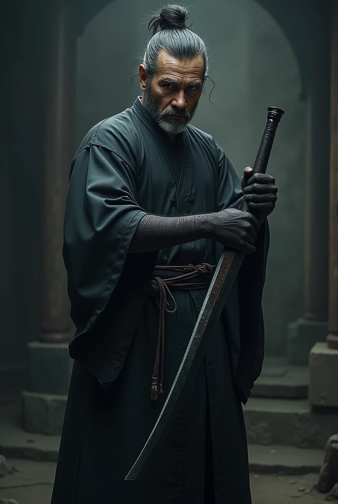swordsmanship, Chinese, holding black sword, with strange arm, black clothing, old
