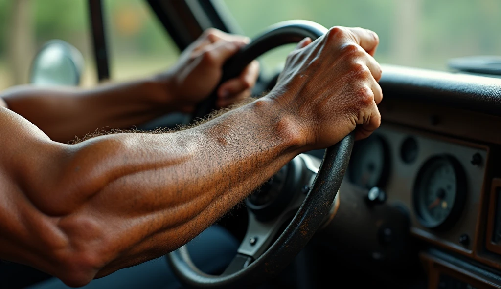 A muscular, veiny arm holding a steering wheel