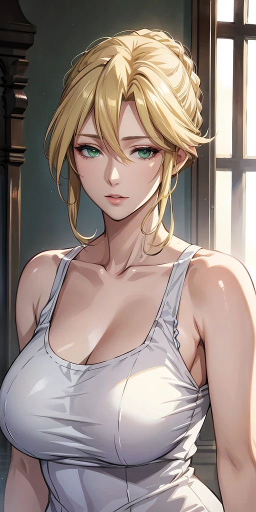 Best quality, masterpiece, ultra high res, 1girl, sexy, in the dark, deep shadow, low key, cold light, milf, dynamic light, cinematic lighting, cinematic lighting, down blouse, mature woman, middle parted hair, nsfw, natural breast, upper body, milf, nsfw, scarlet, final fantasy, blonde