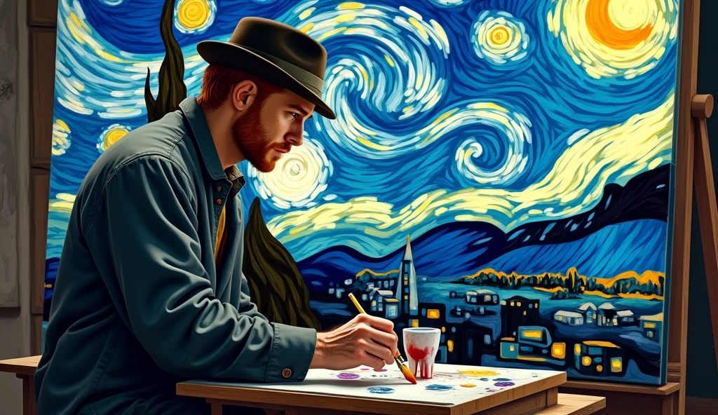 the painter van gogh with red hair, sitting down, making a painting of a tooth under the canvas in format 16:9 with starry night background