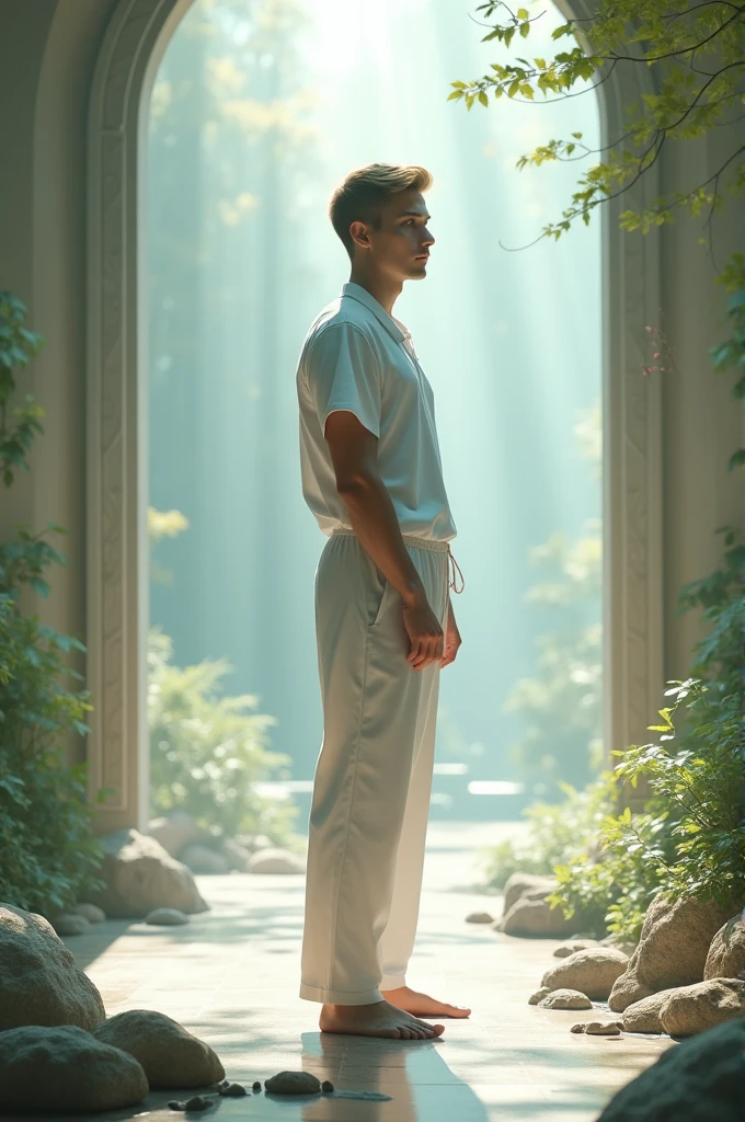 A barefoot short black haired white Caucasian male standing wearing a white nurse-type overall in a spiritual environment