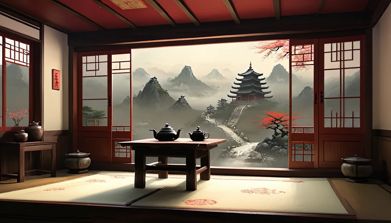 There is a table and two chairs in the room,There is another window。, Illustrations inspired by Dong Yuan, shutter, Folk Art, Interior Background Art, Traditional Korean interior decoration, Personal room background, Living room background, Ancient indoor tent background, Tea Ceremony Scene, Detailed scenery —width 672, Zen temple background, Room interior, Asian interior design