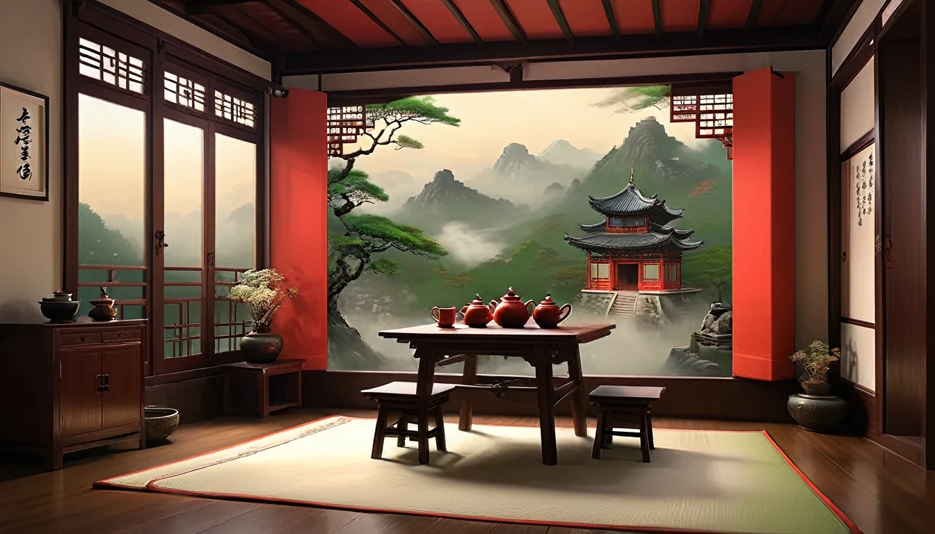 There is a table and two chairs in the room，There is another window。, Illustrations inspired by Dong Yuan, shutter, Folk Art, Interior Background Art, Traditional Korean interior decoration, Personal room background, Living room background, Ancient indoor tent background, Tea Ceremony Scene, Detailed scenery —width 672, Zen temple background, Room interior, Asian interior design