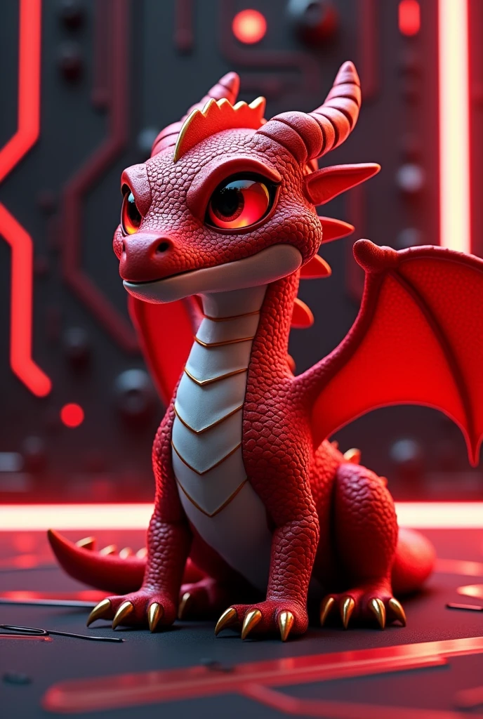 Lucky the dragon from MSI, standing confidently in a modern, tech-inspired setting. His red scales have a soft metallic sheen, subtly reflecting the surrounding technology. The background features sleek, minimalistic design elements, with glowing red and white neon lines that hint at advanced circuitry. Lucky's eyes, also glowing red, are focused and determined, capturing the essence of MSI's innovation and power. The overall scene is simple yet powerful, combining the dragon's iconic red color with the brand's technological identity.












